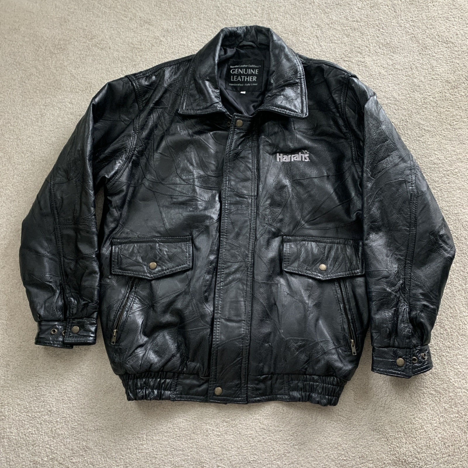 Vintage Harrahs Casino Black Genuine Leather Jacket Size 2x